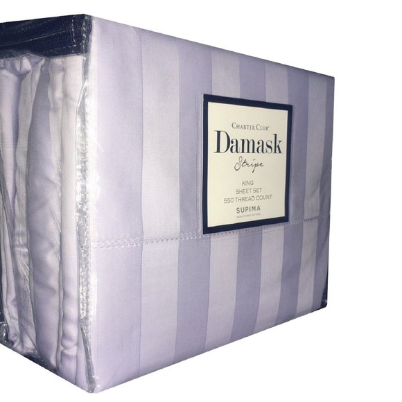 new Charter Club Damask 550 TC 100% Cotton KING Sheet Set in PALE LILAC STRIPE - Picture 12 of 12